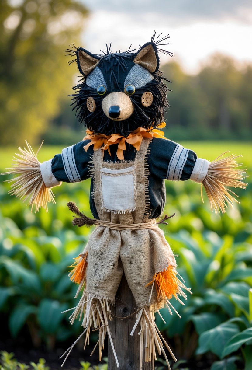 A scarecrow designed to look like a crow or fox standing in a green garden or farm field surrounded by plants.