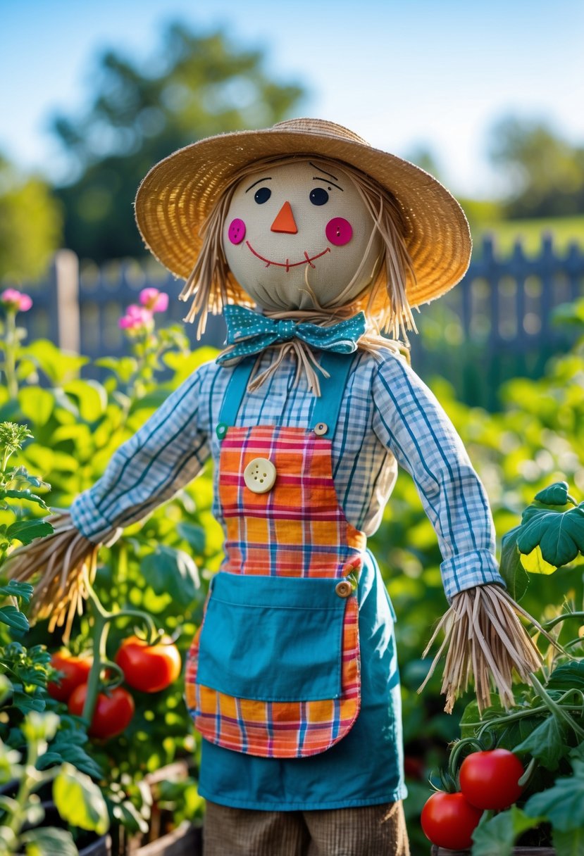 A garden scarecrow wearing a sun hat and apron stands among green plants and ripe vegetables in a sunny garden.