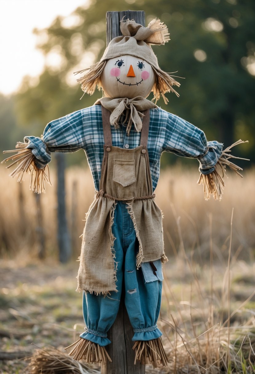 A simple wooden post scarecrow dressed in old clothes standing outdoors in a rural setting.