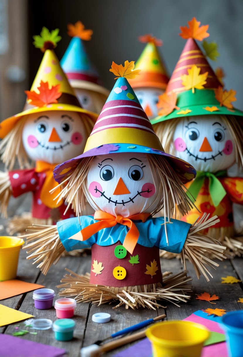 A collection of handmade kids' scarecrows with painted faces and colorful paper hats displayed on a wooden table with craft supplies around them.