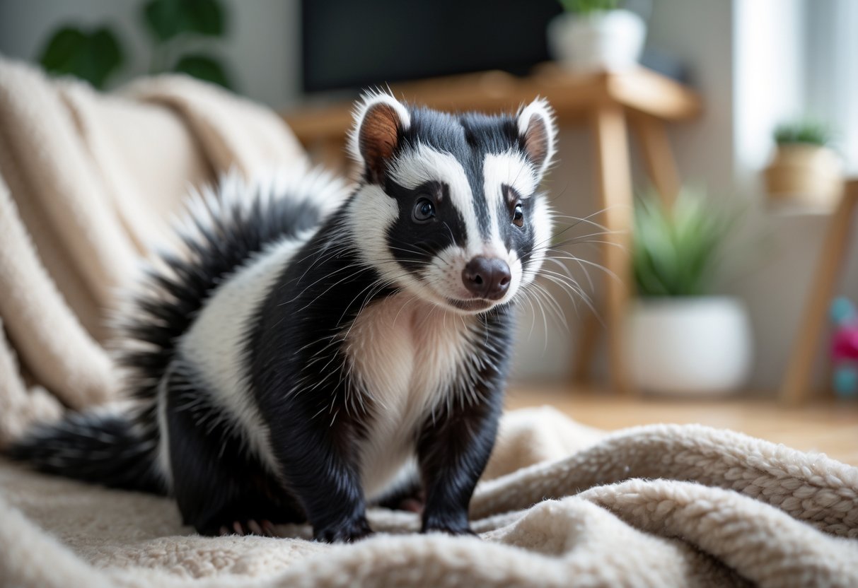 A pet skunk sitting calmly on a soft blanket in a cozy indoor living room.