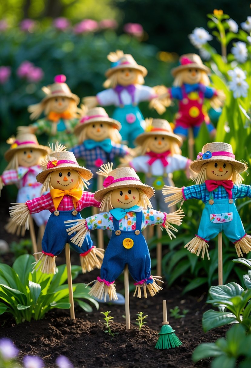 A group of 17 small, colorful scarecrow garden stakes placed in soil among green plants and flowers.