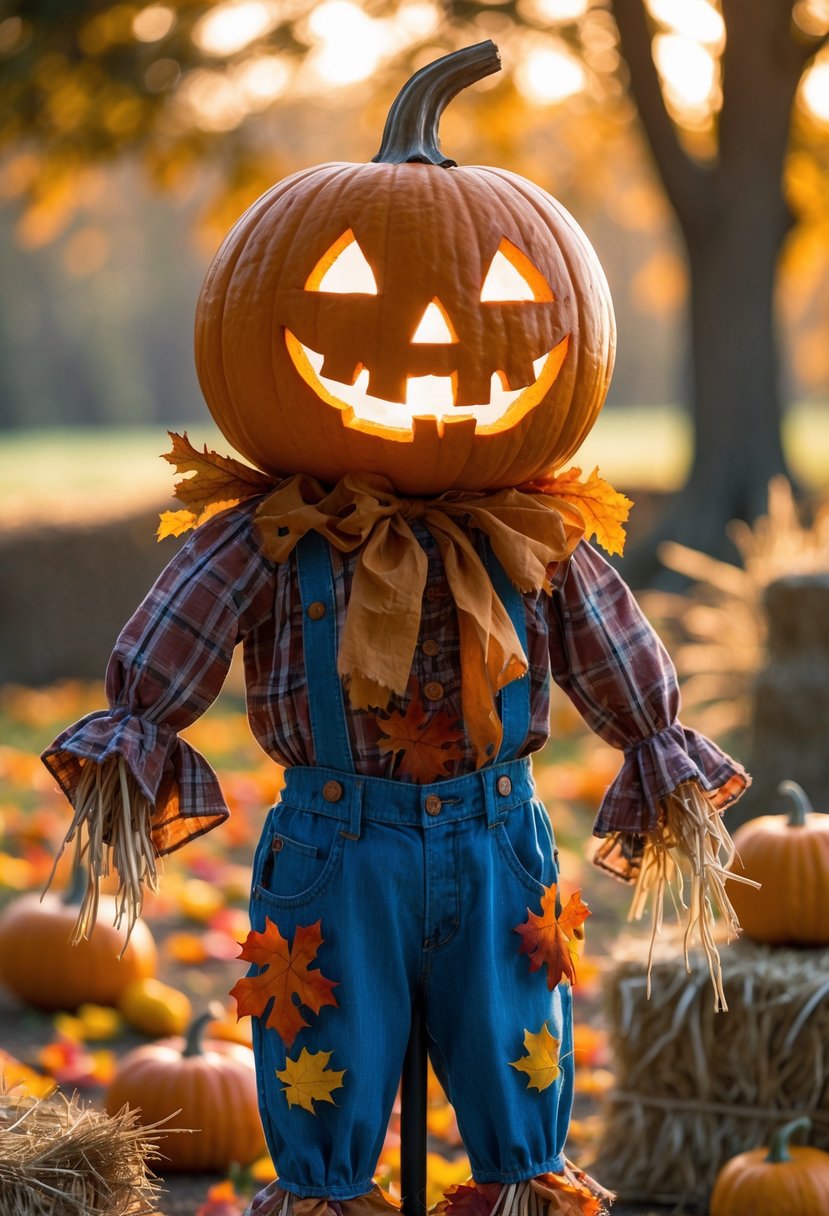 A pumpkin head scarecrow dressed in autumn clothes standing among fall leaves, hay bales, and seasonal decorations in a rural outdoor setting.