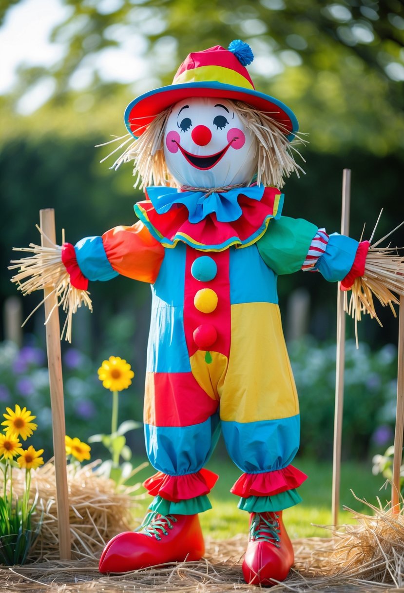 A colorful clown scarecrow with oversized shoes standing in a garden surrounded by hay and flowers.