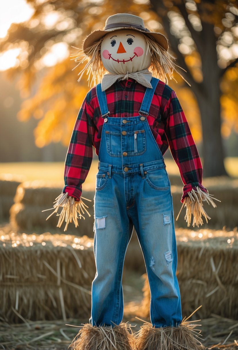 A scarecrow made from old jeans and a flannel shirt standing outdoors among hay bales and autumn leaves.