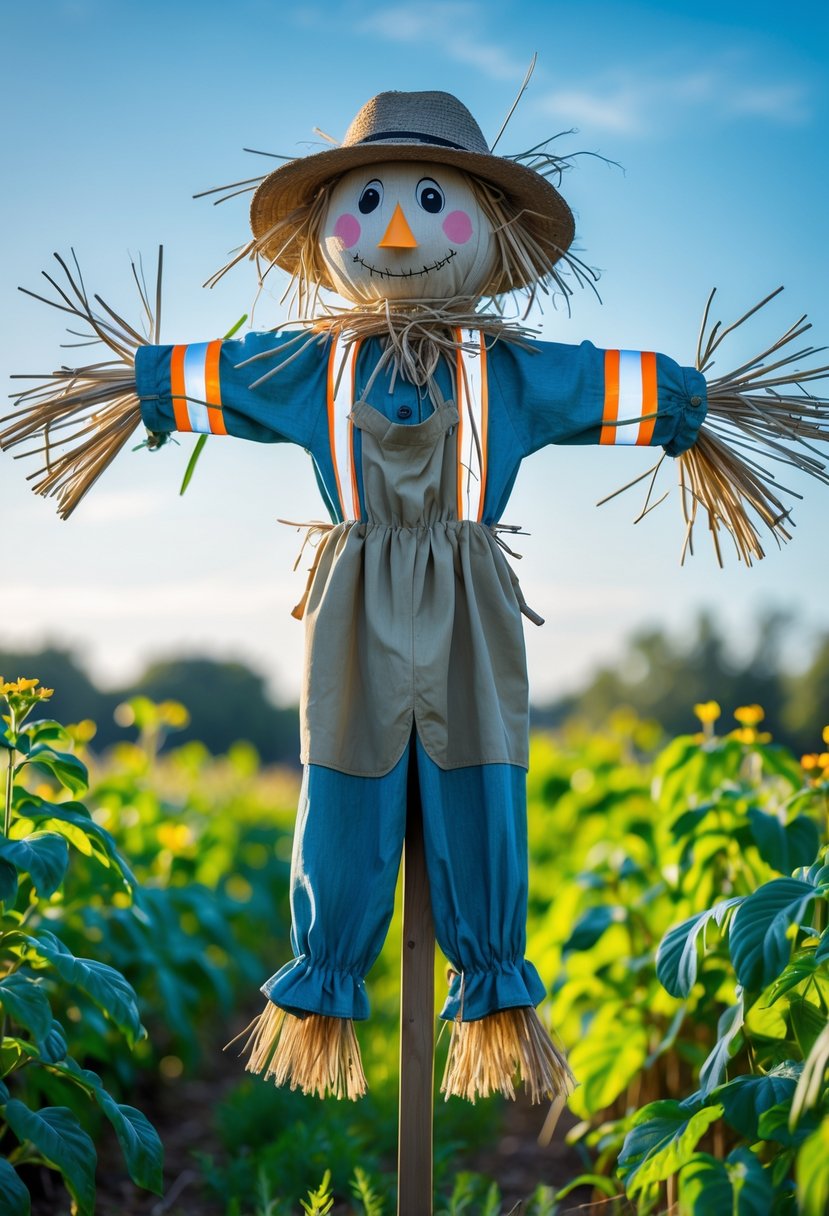 A scarecrow with reflective tape standing in a green garden to repel birds.