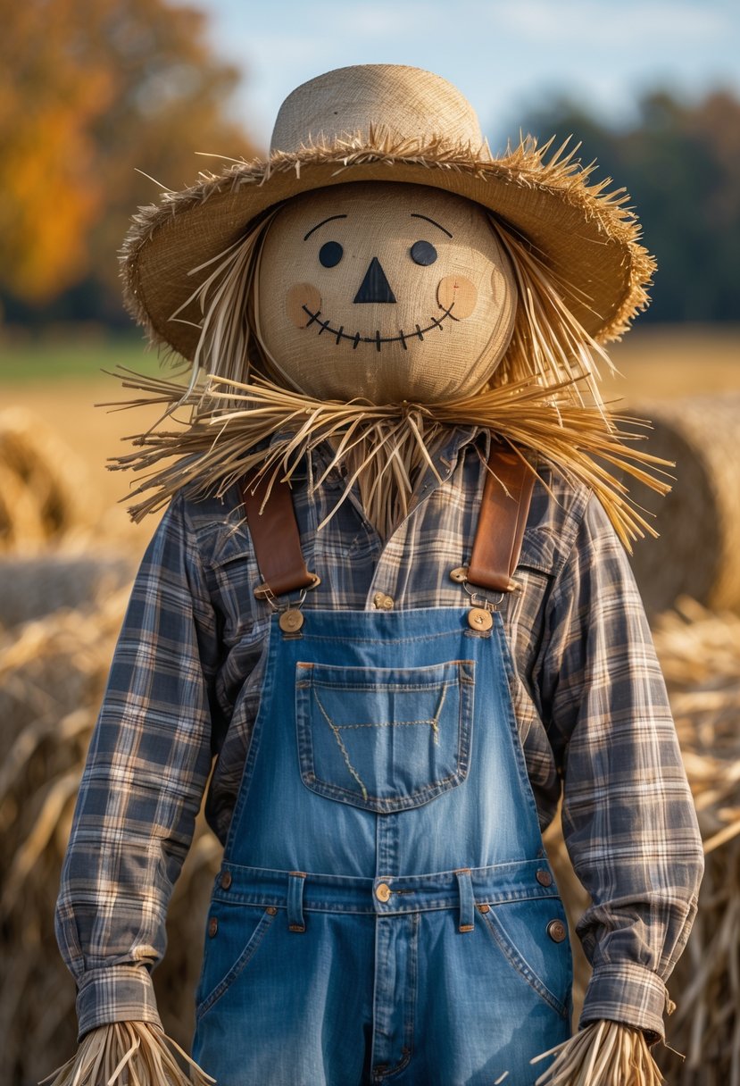 A scarecrow wearing a straw hat and suspenders standing outdoors in a farm field with hay bales and dried cornstalks.