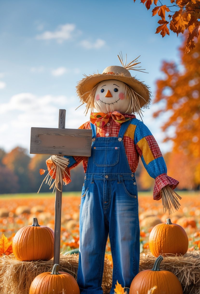A scarecrow dressed in fall clothes standing in an autumn field holding a wooden sign, surrounded by pumpkins, hay bales, and colorful fall leaves.