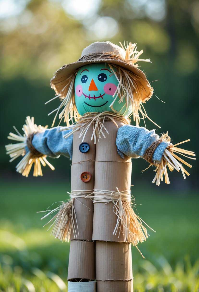 A scarecrow made from recycled cardboard tubes standing outdoors in a garden.