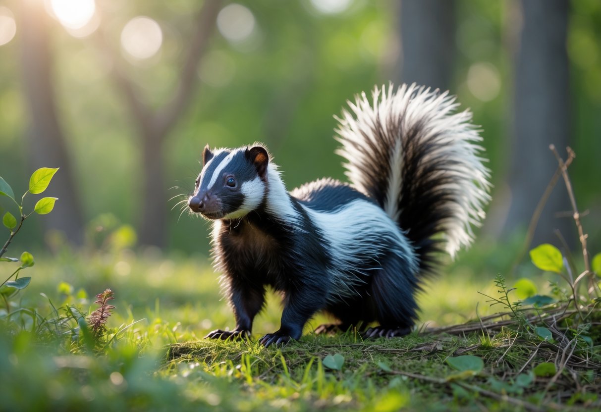 A skunk standing on grass in a natural outdoor setting with trees in the background.