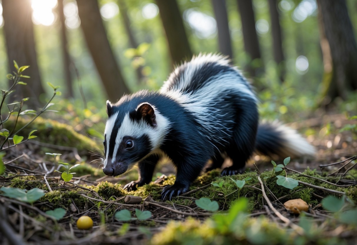 A skunk foraging on the forest floor surrounded by green plants and trees.