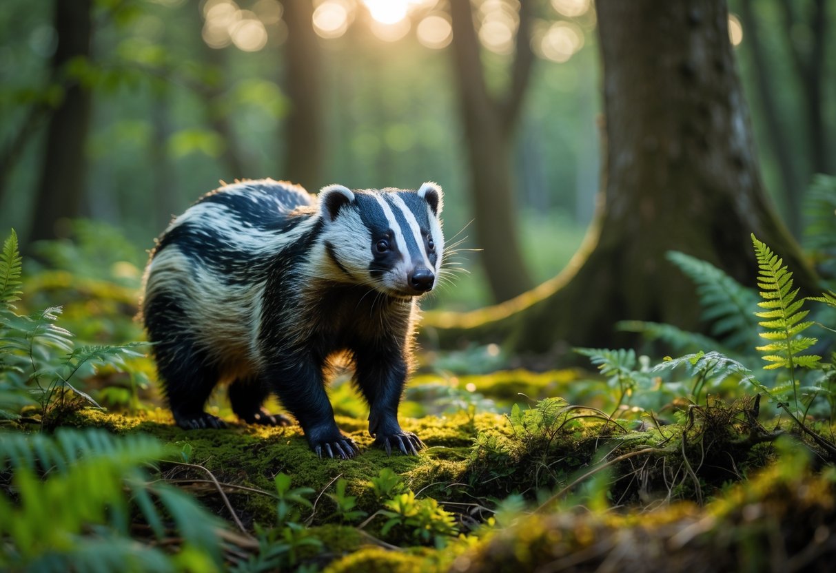A European badger standing on a mossy forest floor surrounded by green ferns and trees in a British woodland.