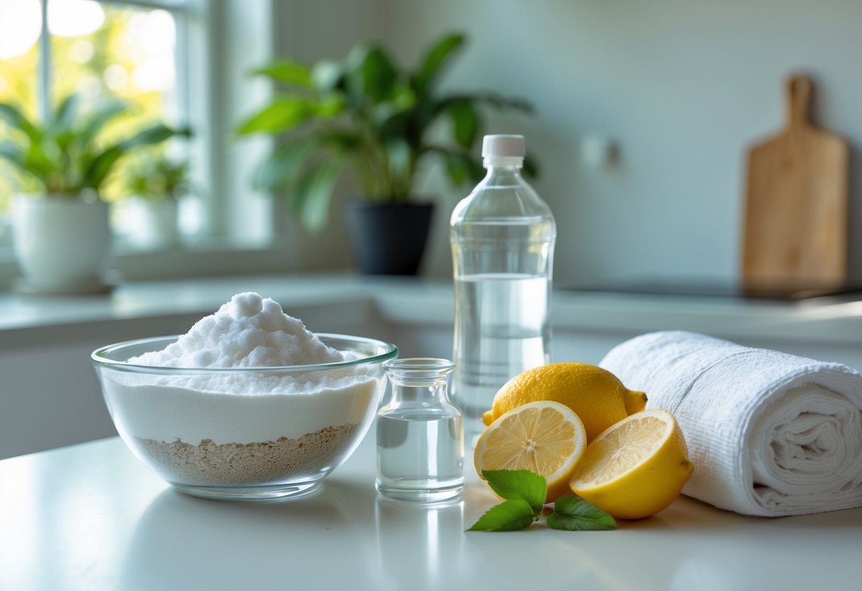 A kitchen countertop with natural cleaning ingredients like baking soda, hydrogen peroxide, white vinegar, lemon slices, and a towel arranged neatly next to a potted plant.