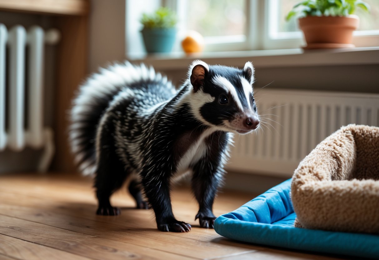 A skunk standing on a wooden floor inside a cozy home near a pet enclosure with bedding and toys.