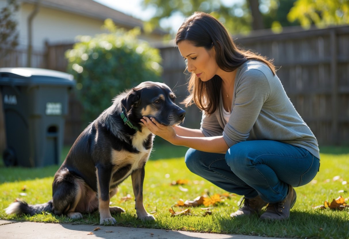 A woman kneeling in a backyard holding her dog that has a stain on its fur, looking concerned.