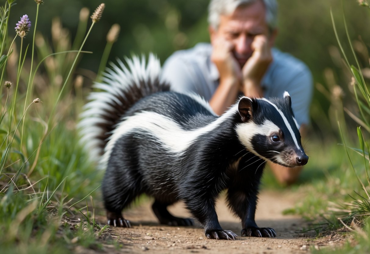 A skunk standing on a dirt path with a person in the background holding their nose.