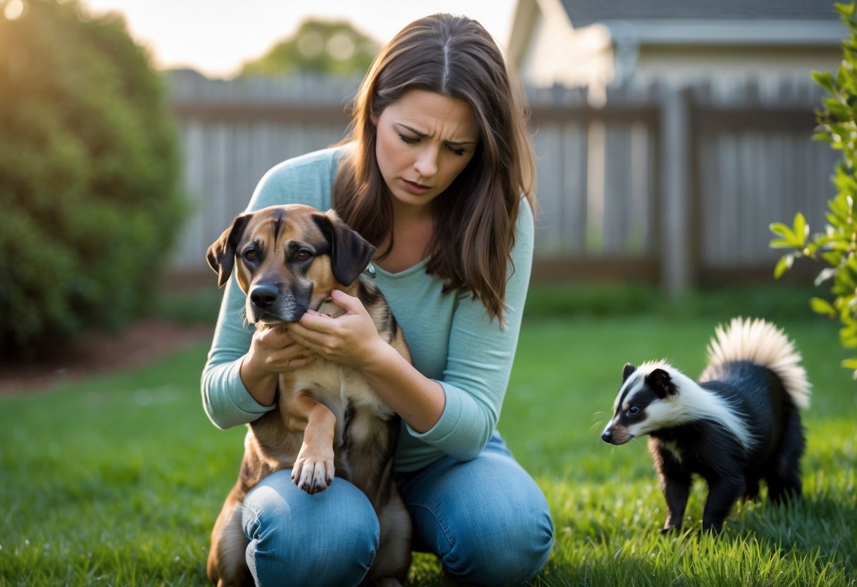 A woman gently holding her dog outdoors while looking at it with concern, with a skunk visible in the background.