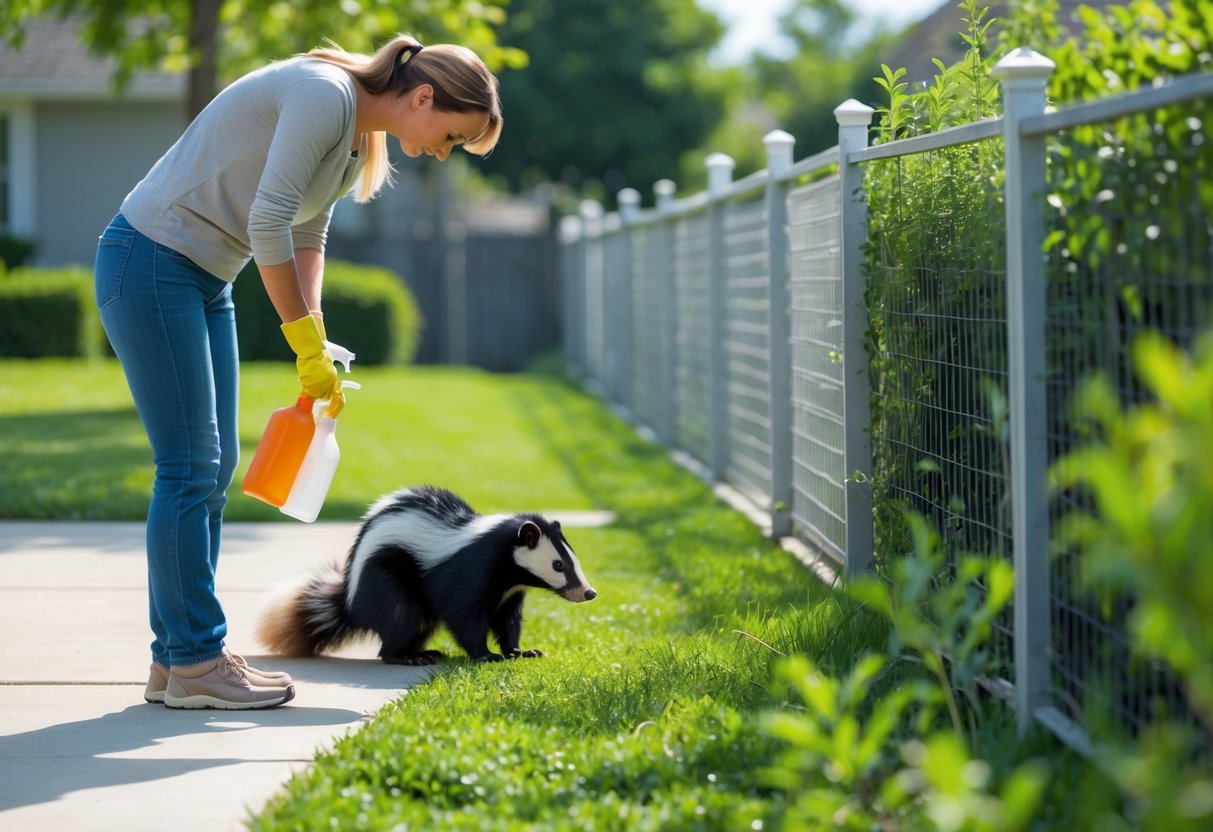 A woman outdoors near a fence holding cleaning supplies while a skunk retreats into bushes in the background.