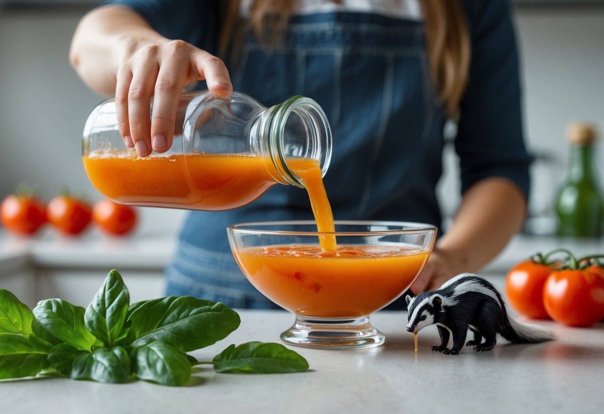 A person pouring tomato juice into a glass bowl on a kitchen countertop with fresh tomatoes nearby and a small skunk figurine in the background.