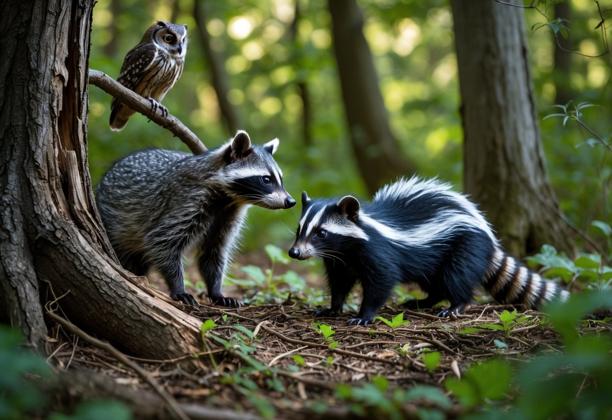 A raccoon and an owl cautiously approach a skunk in a forest setting.