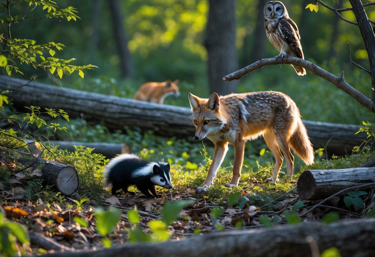 A forest scene showing a coyote near a skunk, a red fox watching nearby, and an owl perched on a tree branch.