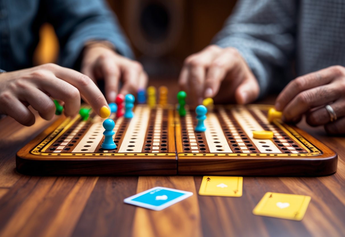 Close-up of a cribbage board with colorful pegs and two players’ hands during a game.