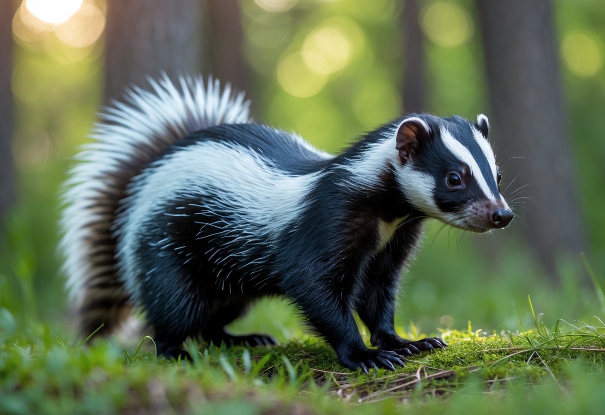 A skunk standing on grass in a forest with sunlight filtering through the trees.