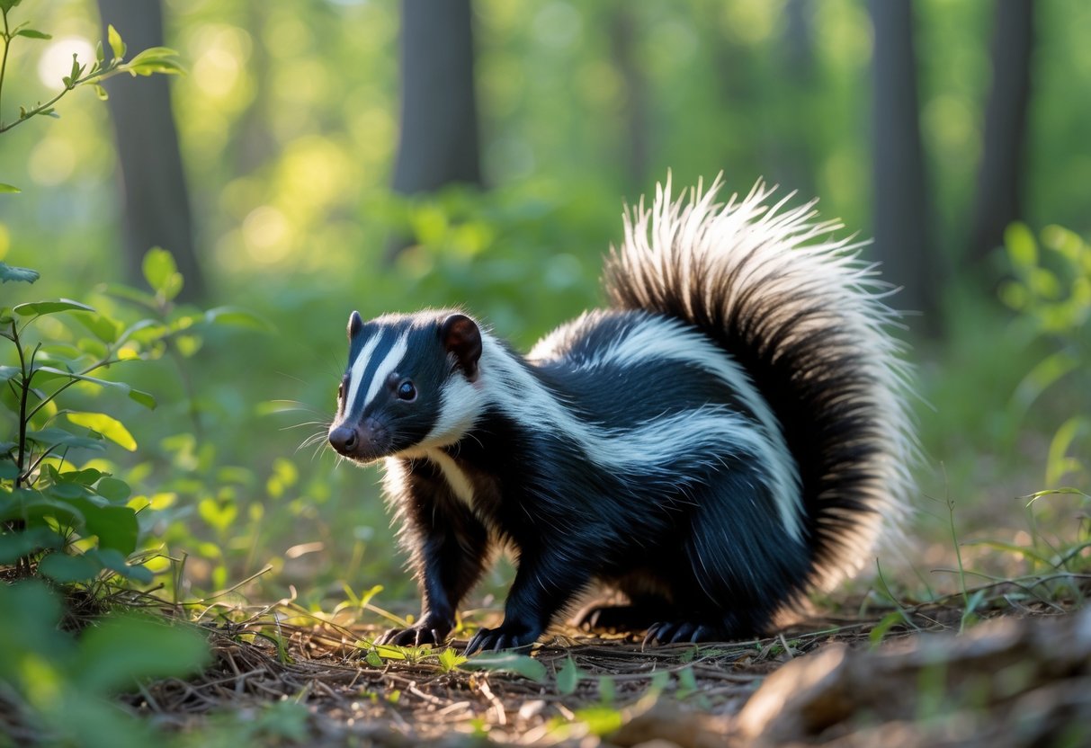 A skunk standing calmly on the forest floor surrounded by green plants.