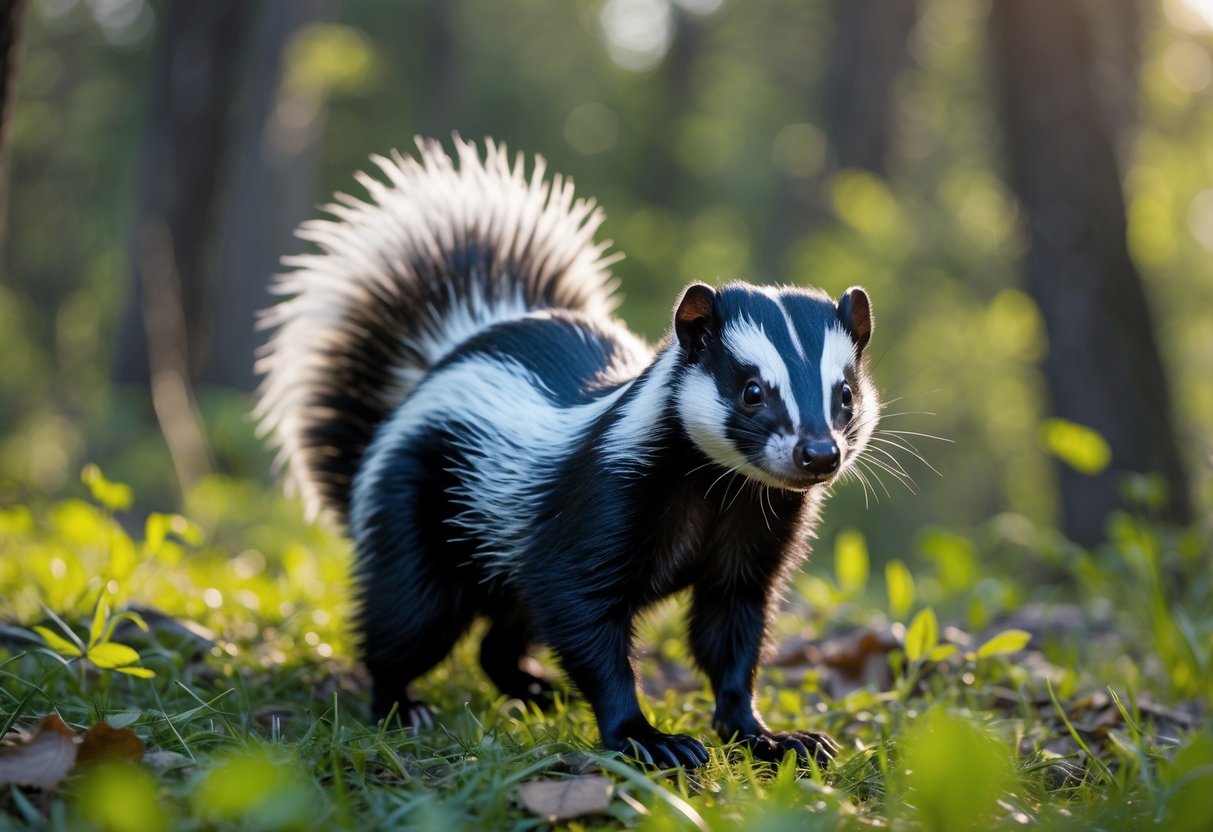 A skunk with black and white stripes standing on grass in a forest.