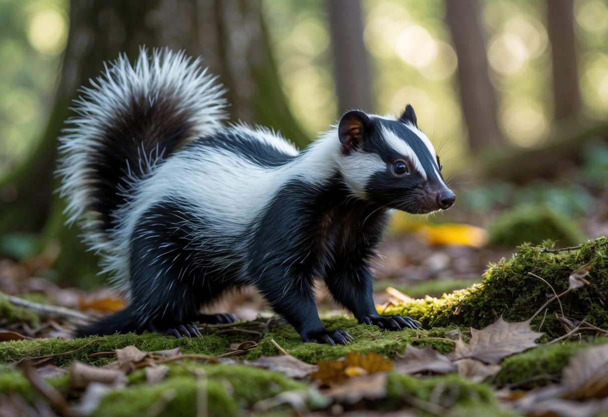 A skunk standing on a mossy forest floor with trees in the background.