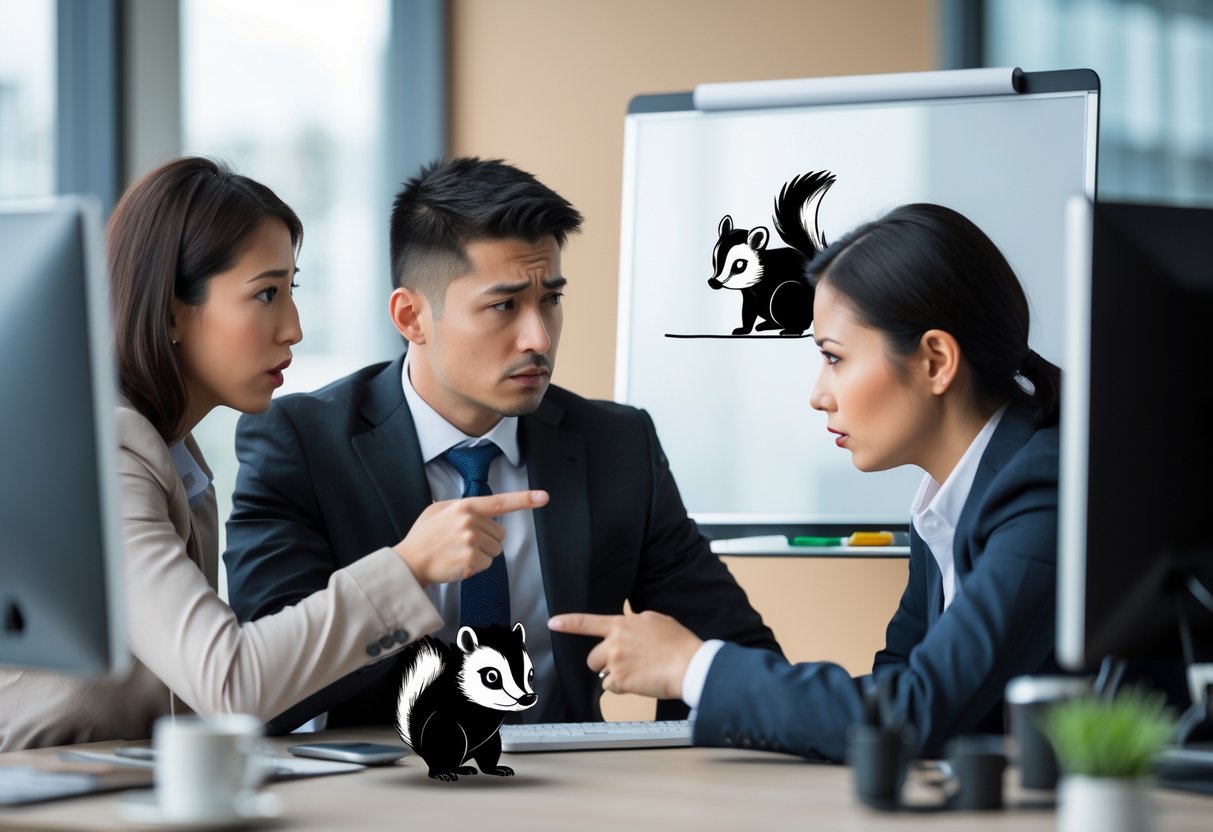 Two colleagues in an office having a tense conversation with a small skunk figurine on a desk nearby.