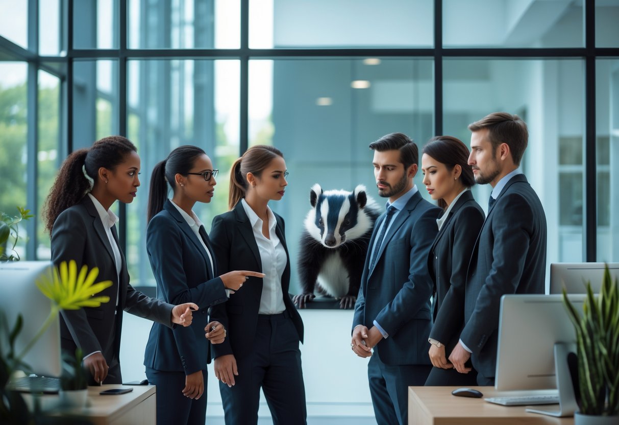 A group of business professionals in an office, one person is subtly singled out with disapproving looks while a skunk is visible outside the window.
