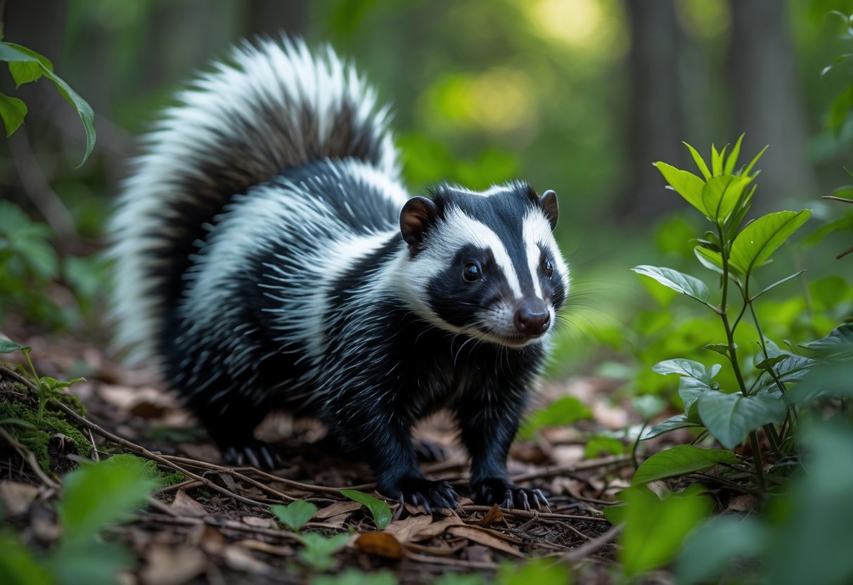 A skunk standing on the forest floor surrounded by green plants.