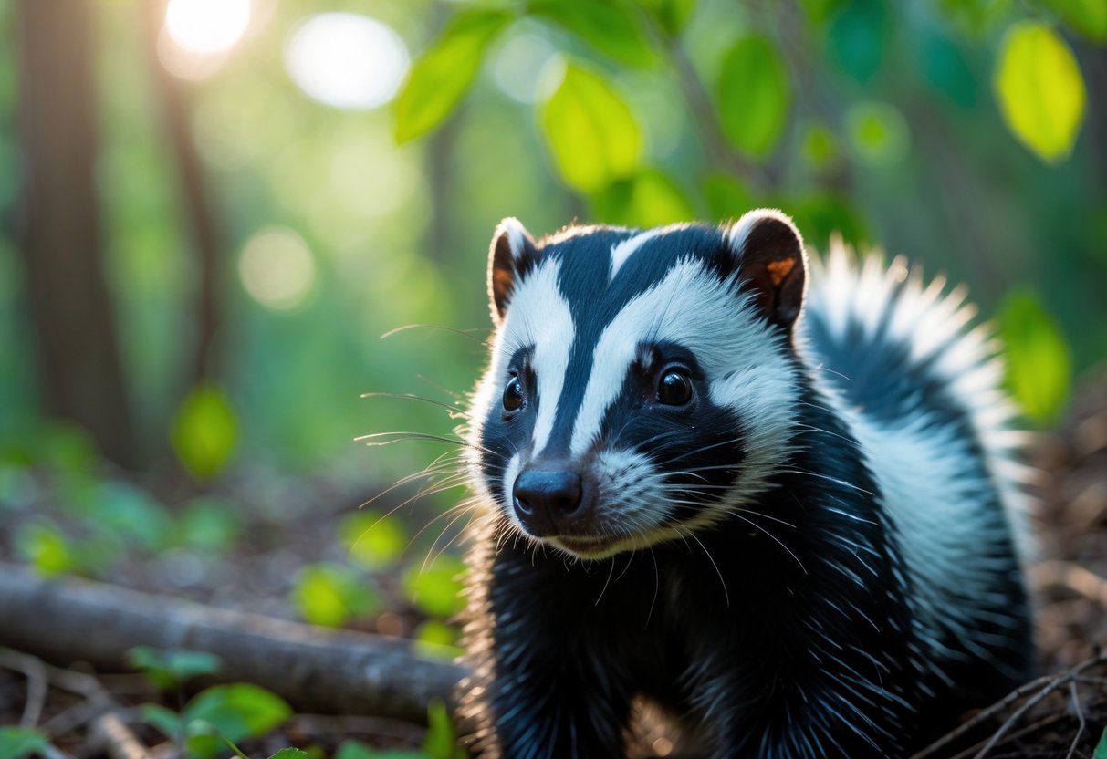 Close-up of a skunk looking toward the camera in a forest with sunlight filtering through leaves.