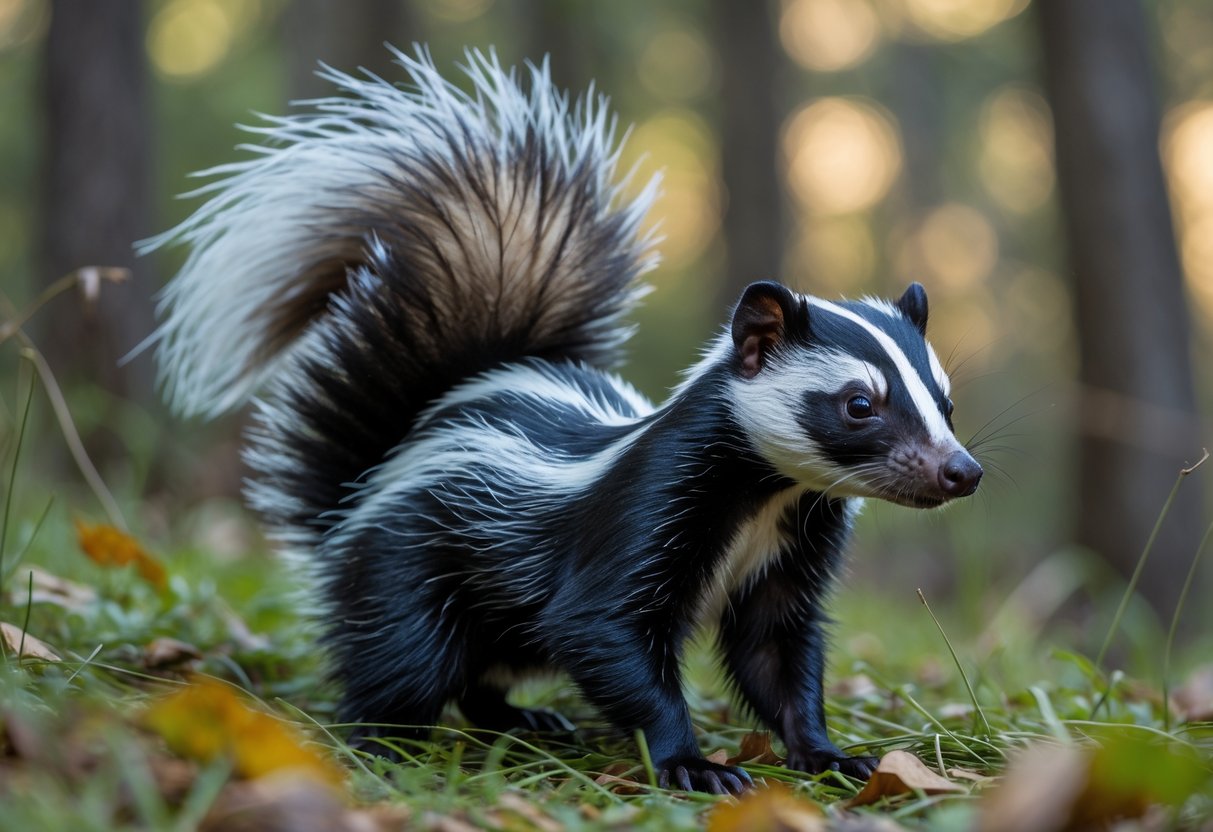 A skunk in a forest raising its tail as a warning signal.