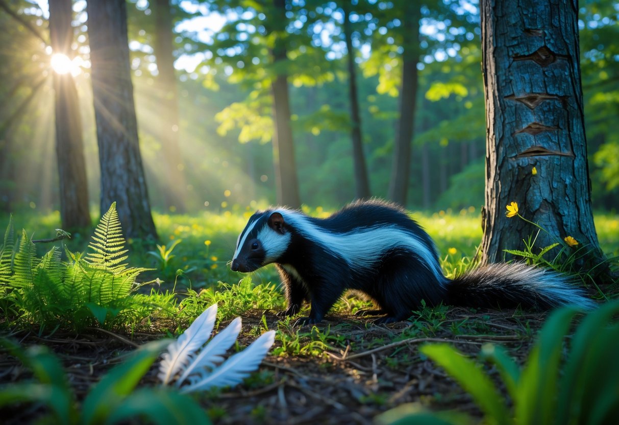 A skunk foraging in a sunlit forest clearing with green ferns and tall trees around.