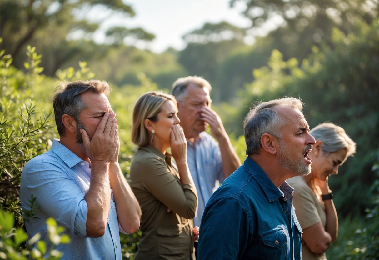 A group of people outdoors reacting with disgust and covering their noses as if smelling something unpleasant.