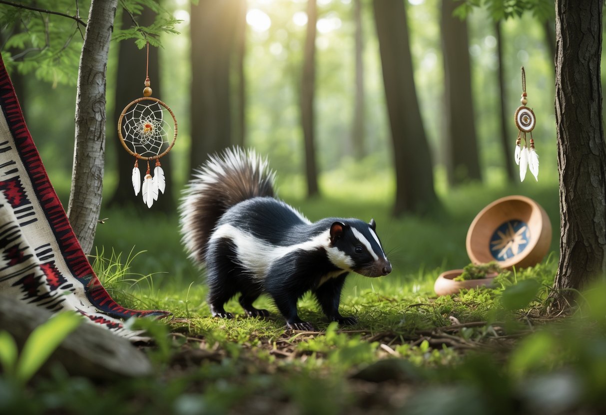 A skunk walking through a sunlit forest clearing with Native American cultural symbols like feathers and woven patterns subtly present.