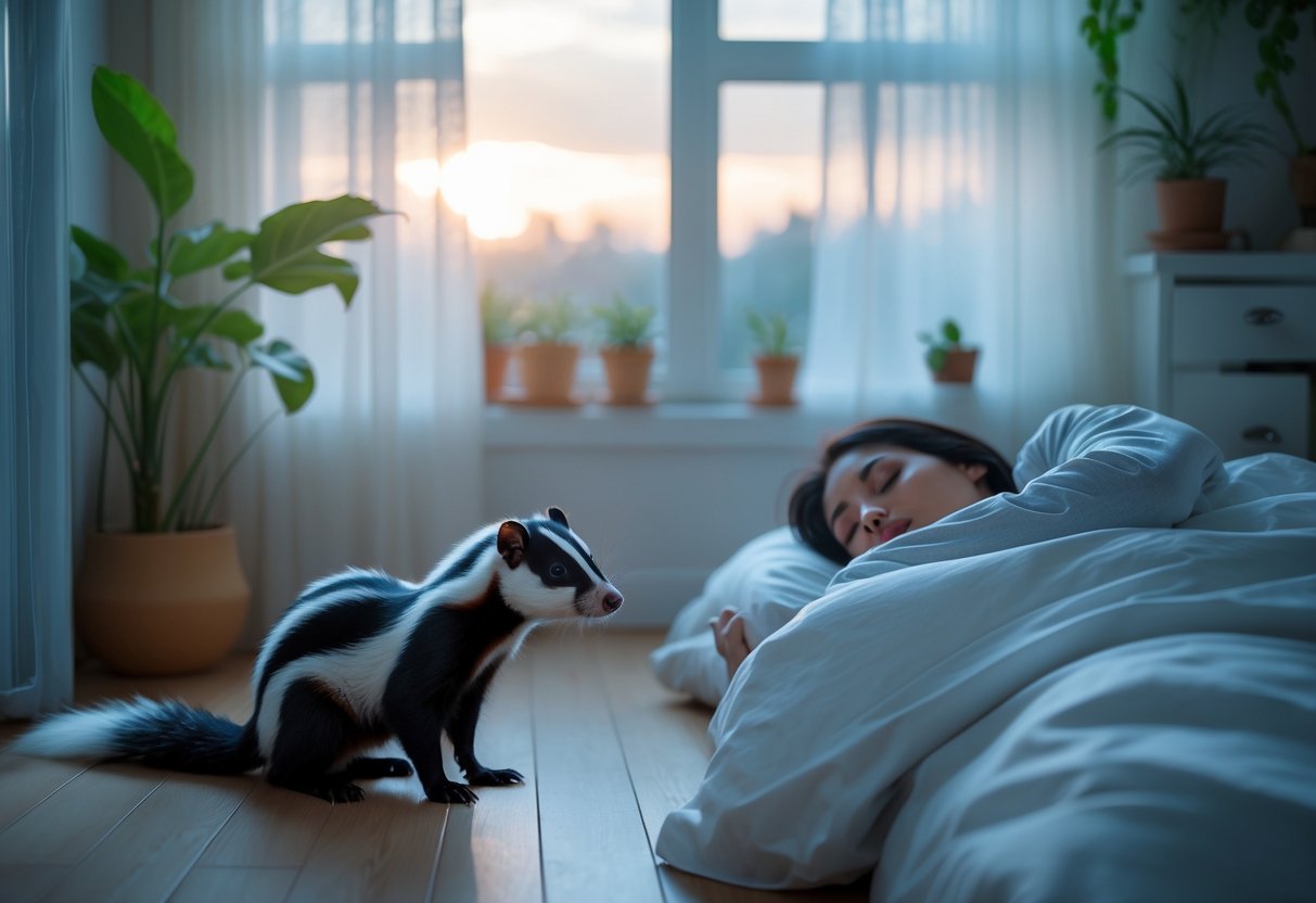 A person sleeping peacefully in a softly lit bedroom with a small skunk sitting quietly on the floor near the window.