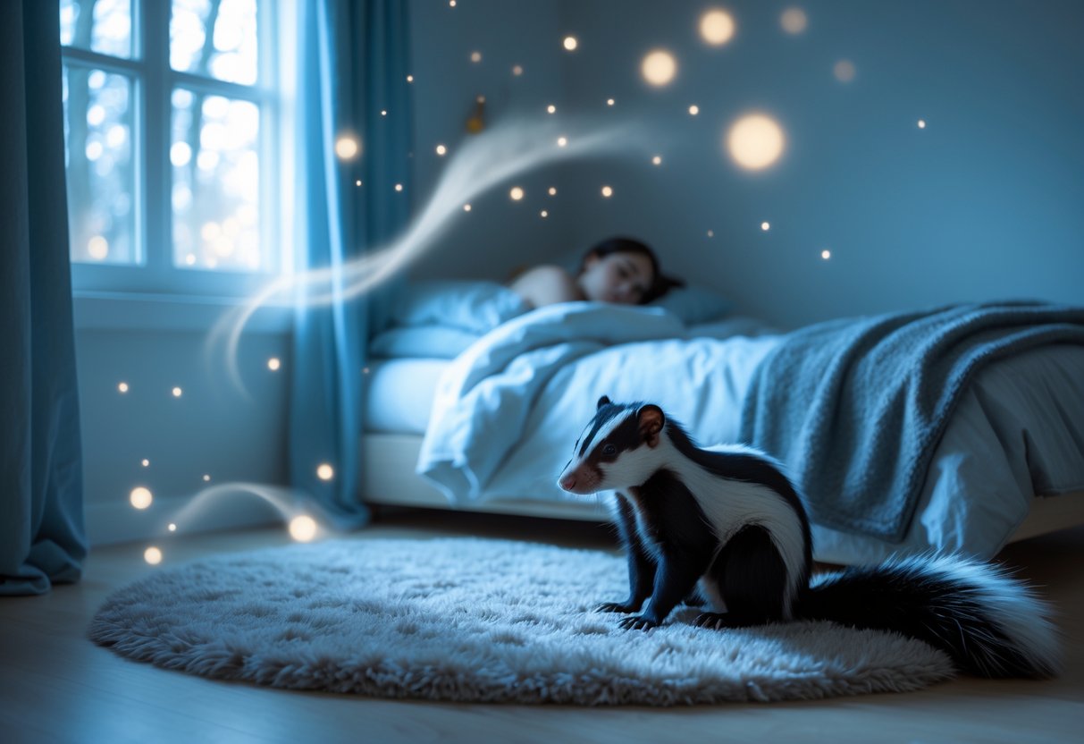 A person sleeping peacefully in a softly lit bedroom at night with a skunk sitting calmly nearby on a rug, surrounded by faint glowing orbs suggesting a dreamlike atmosphere.