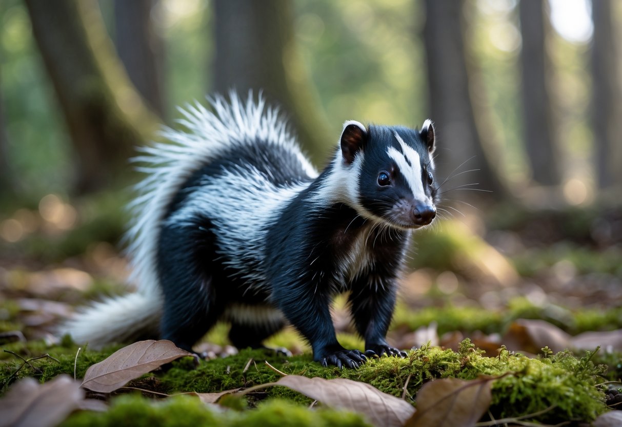 A close-up of a skunk standing on moss and leaves in a forest.