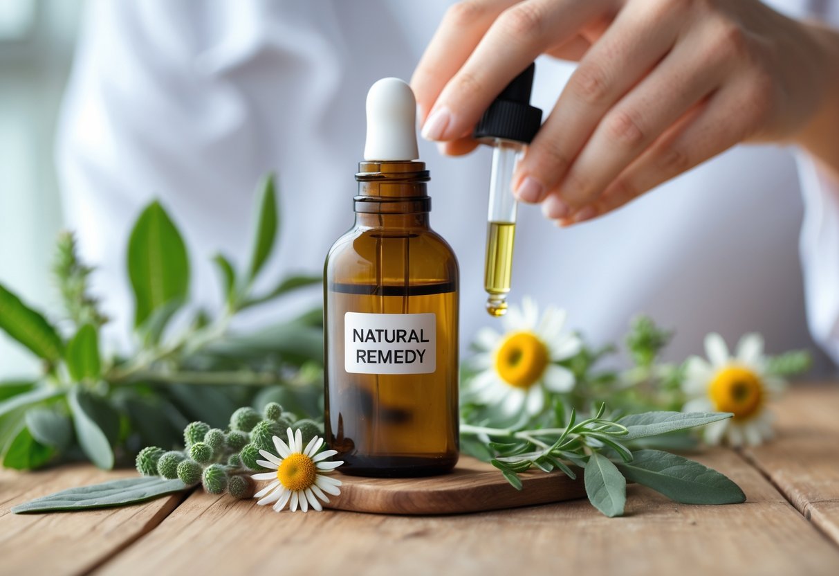 A close-up of a small amber glass bottle with a dropper next to it on a wooden table surrounded by medicinal herbs, with a person applying oil to their wrist in the background.