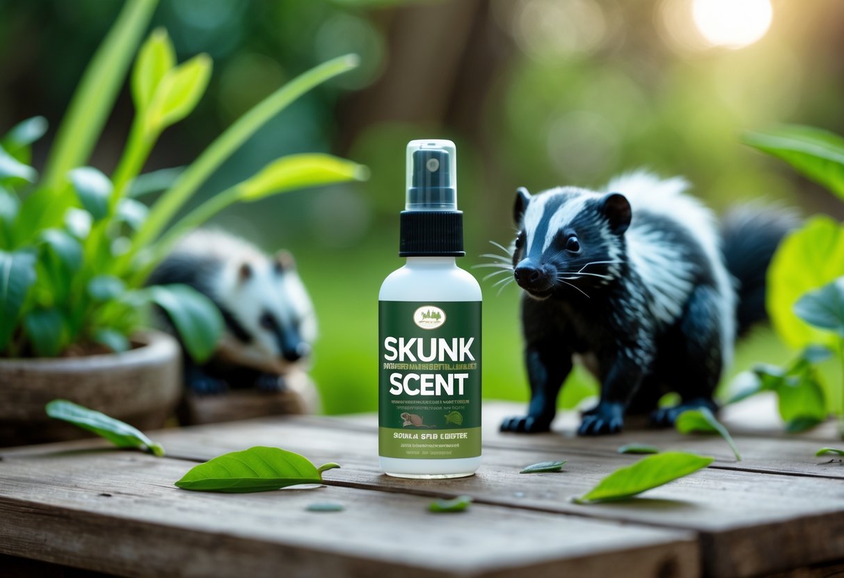 A close-up of a small spray bottle on a wooden table outdoors with plants and a skunk figurine in the background.