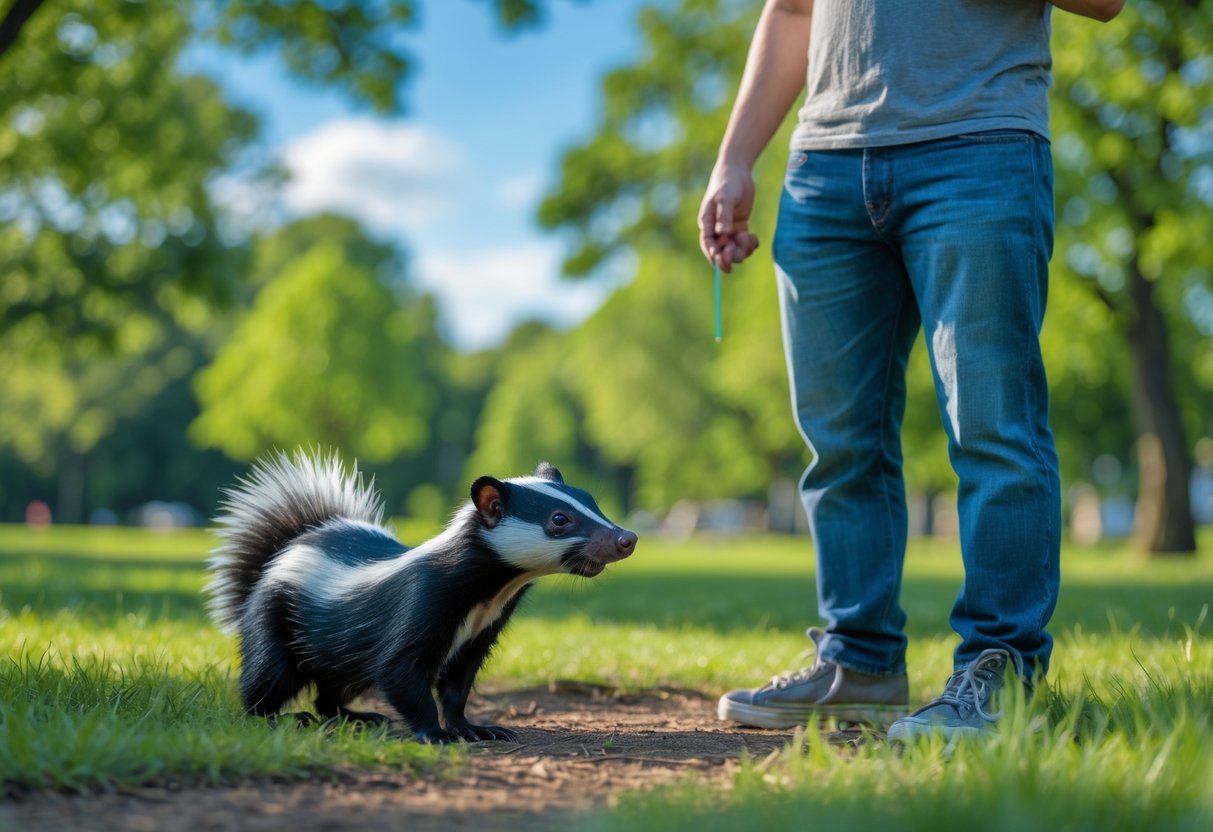 A person outdoors holding their nose with a surprised expression while a skunk stands nearby on the grass.