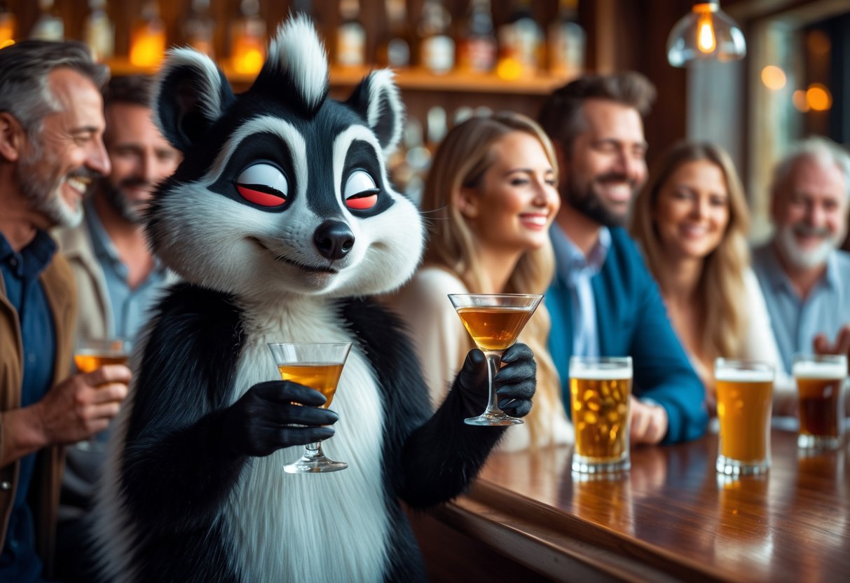 A cartoon skunk holding a cocktail glass standing with smiling adults in a cozy bar.