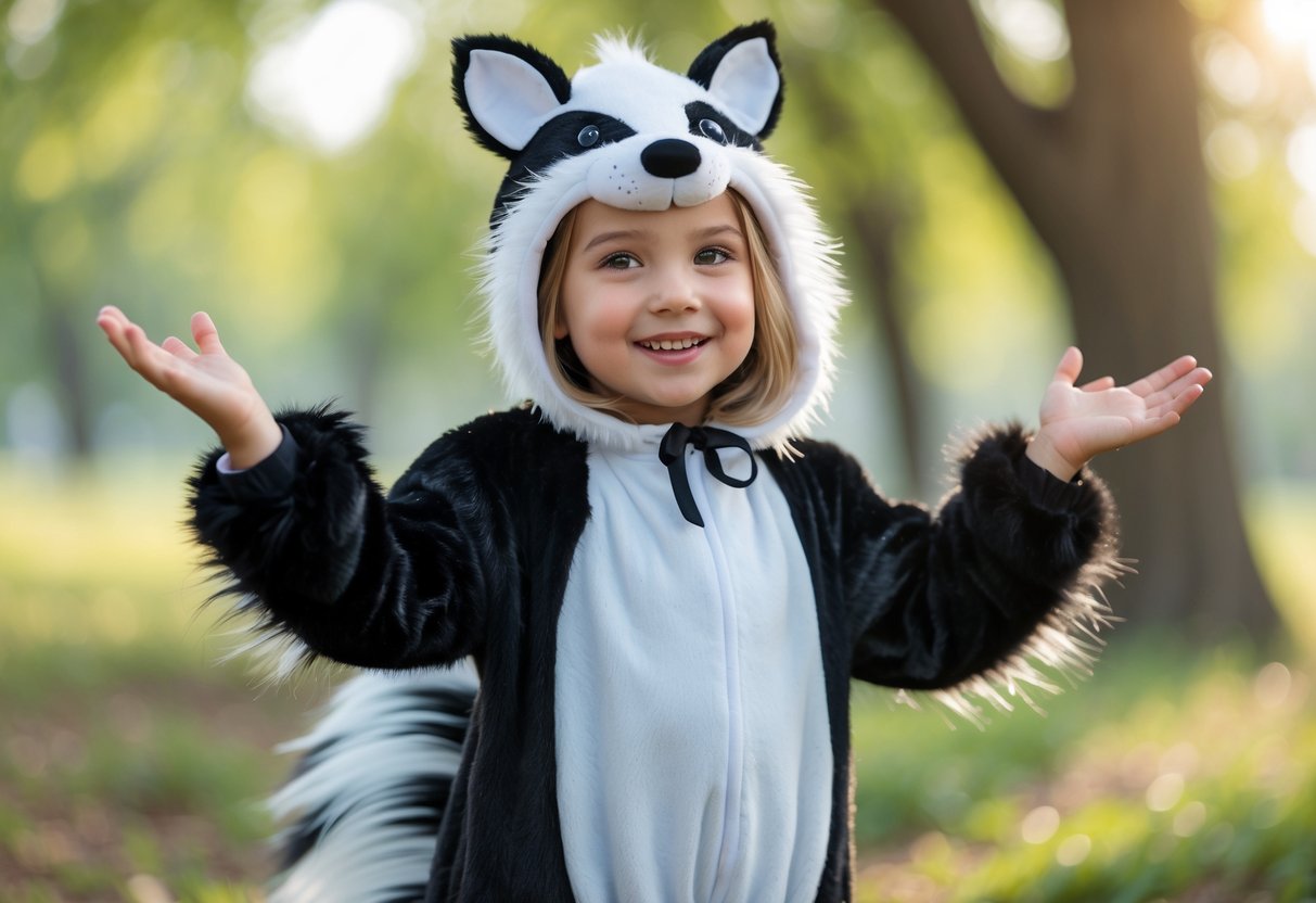 A young girl in a skunk costume standing outdoors in a park, smiling and showing her tail.