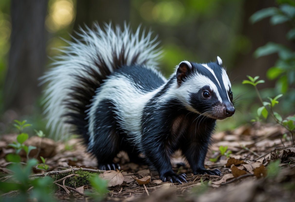 A skunk standing on a forest floor surrounded by leaves and plants, looking calm and peaceful.