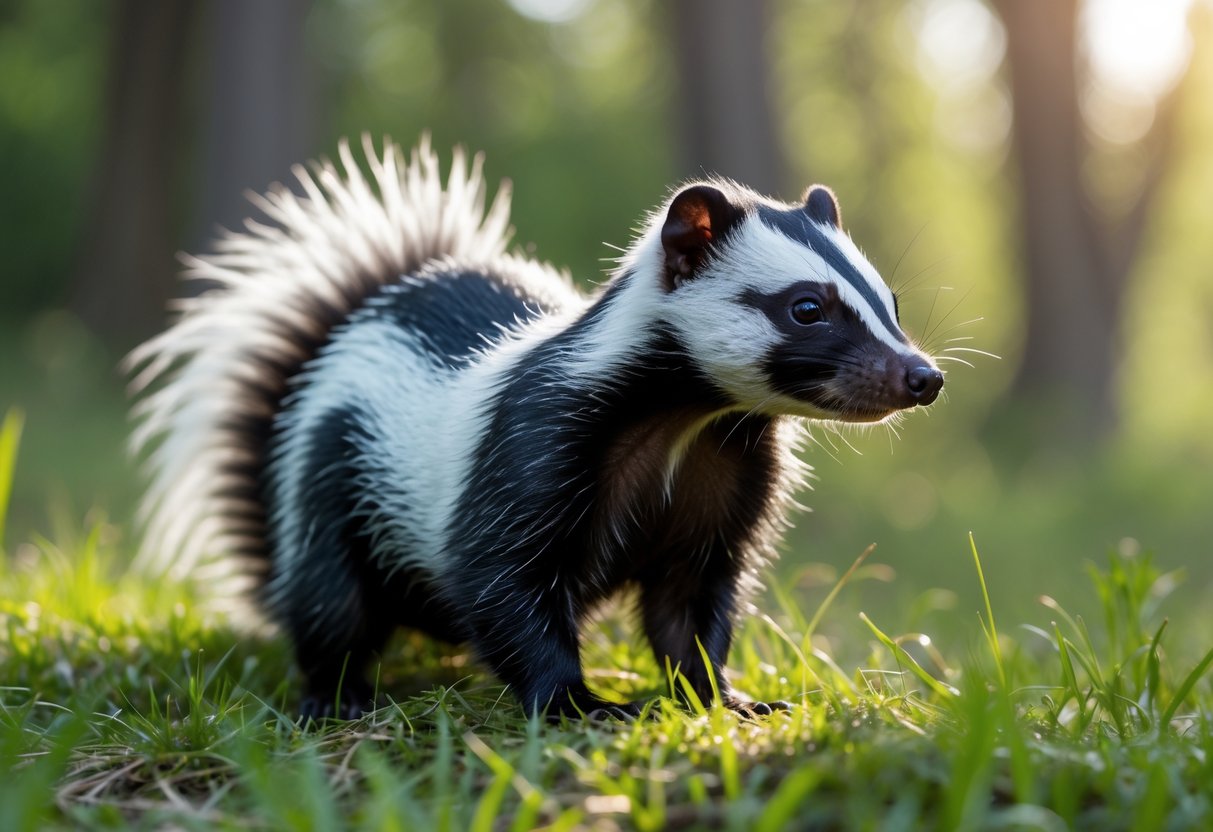 A skunk standing on grass in a natural outdoor environment with trees in the background.