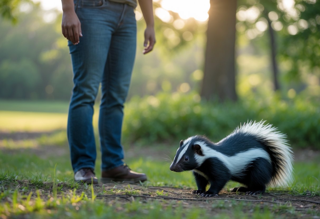 A person calmly standing at a safe distance from a skunk outdoors in a natural setting.