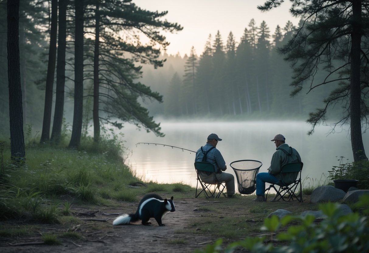 A skunk approaches fishermen sitting by a lake in a misty forest at dawn, one fisherman holding an empty fishing net.